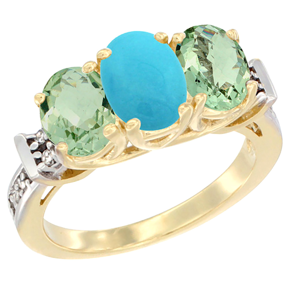 14K Yellow Gold Natural Turquoise & Green Amethyst Sides Ring 3-Stone Oval Diamond Accent, sizes 5 - 10