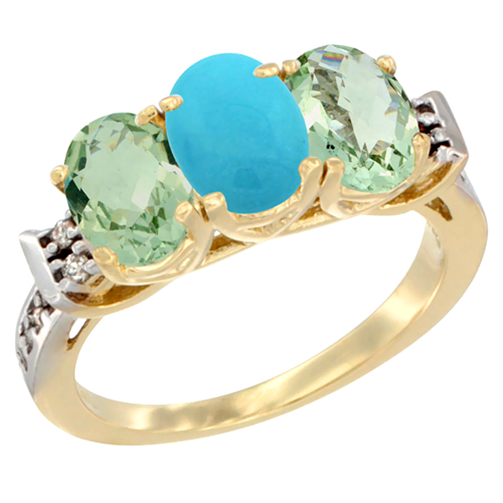 14K Yellow Gold Natural Turquoise &amp; Green Amethyst Sides Ring 3-Stone 7x5 mm Oval Diamond Accent, sizes 5 - 10