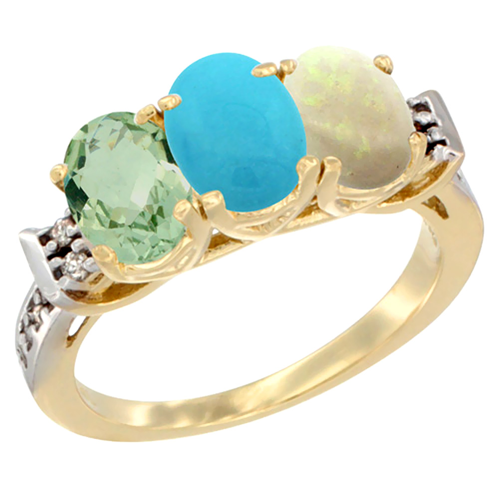 14K Yellow Gold Natural Green Amethyst, Turquoise & Opal Ring 3-Stone 7x5 mm Oval Diamond Accent, sizes 5 - 10