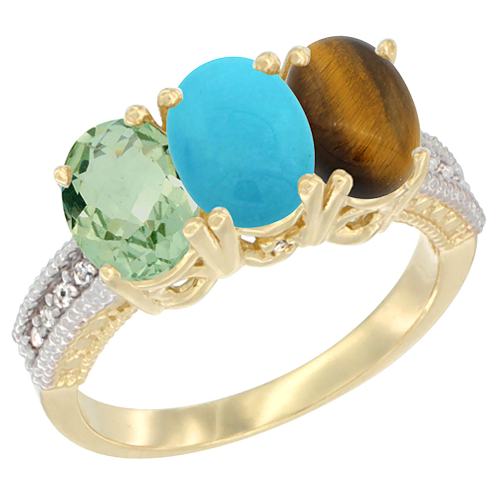 14K Yellow Gold Natural Green Amethyst, Turquoise & Tiger Eye Ring 3-Stone 7x5 mm Oval Diamond Accent, sizes 5 - 10