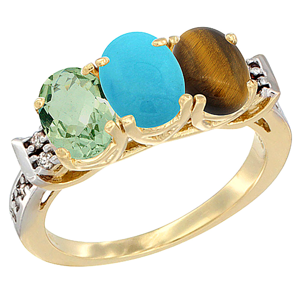 14K Yellow Gold Natural Green Amethyst, Turquoise &amp; Tiger Eye Ring 3-Stone 7x5 mm Oval Diamond Accent, sizes 5 - 10