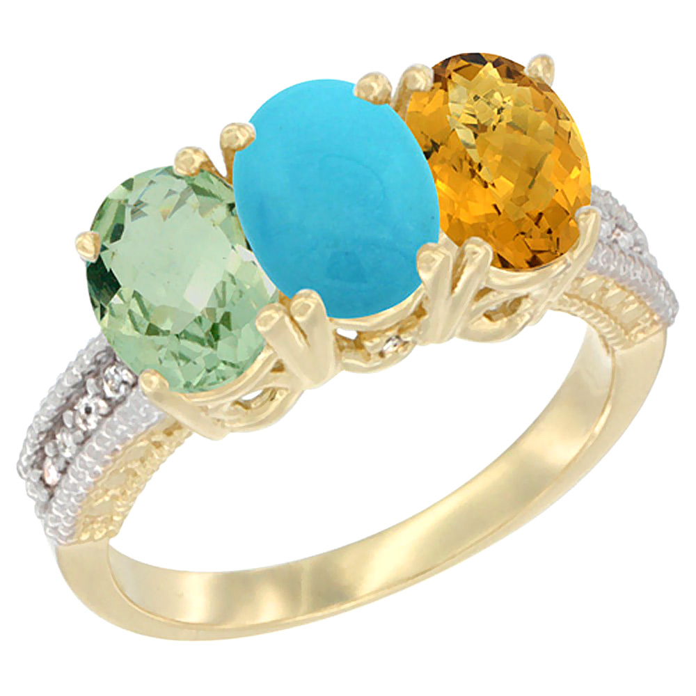 10K Yellow Gold Diamond Natural Green Amethyst, Turquoise &amp; Whisky Quartz Ring 3-Stone Oval 7x5 mm, sizes 5 - 10