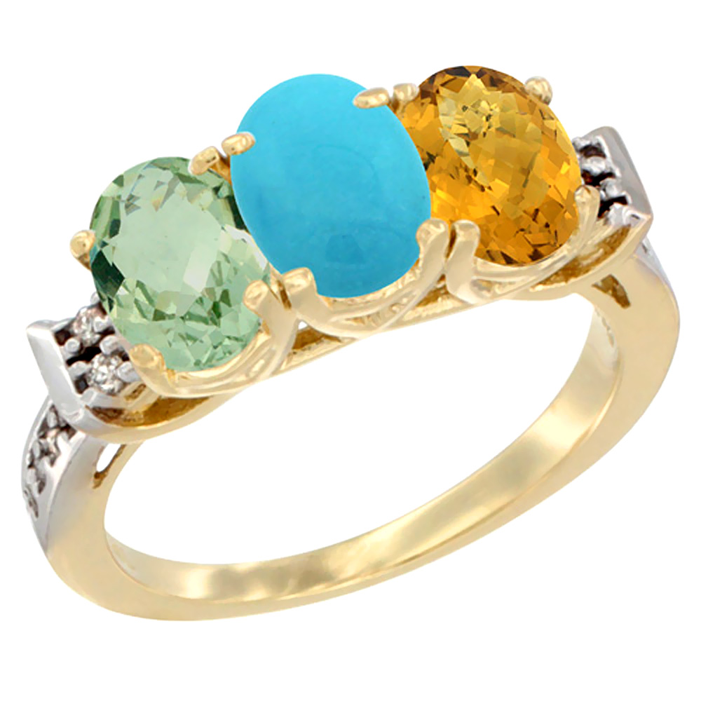 14K Yellow Gold Natural Green Amethyst, Turquoise &amp; Whisky Quartz Ring 3-Stone 7x5 mm Oval Diamond Accent, sizes 5 - 10