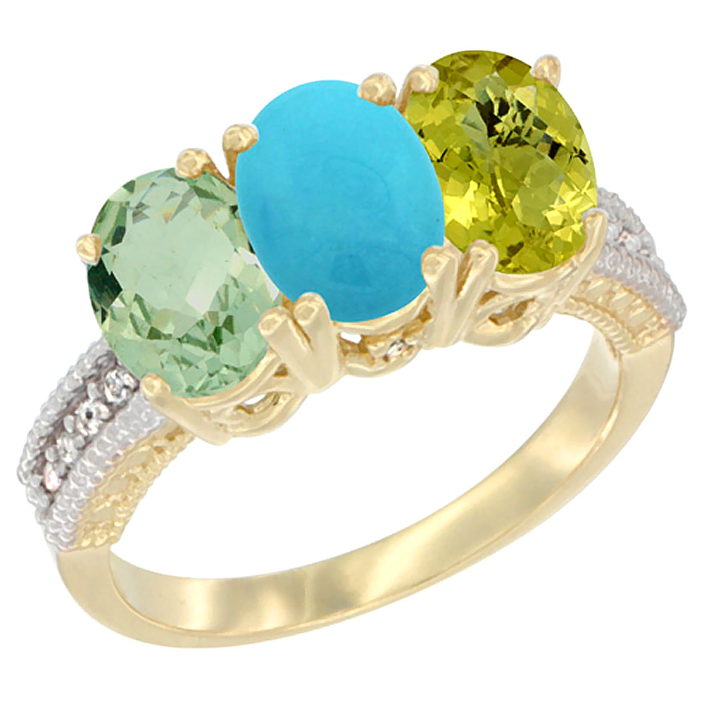 10K Yellow Gold Diamond Natural Green Amethyst, Turquoise &amp; Lemon Quartz Ring 3-Stone Oval 7x5 mm, sizes 5 - 10