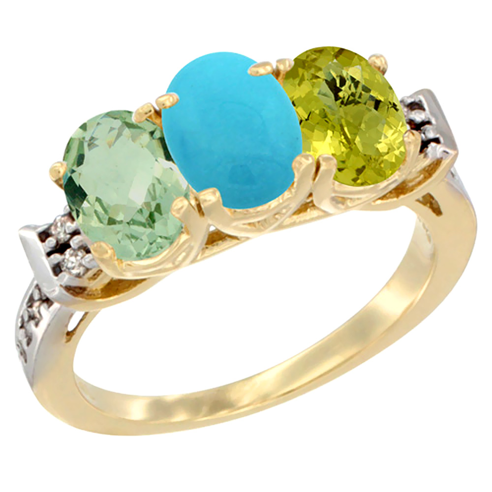 14K Yellow Gold Natural Green Amethyst, Turquoise & Lemon Quartz Ring 3-Stone 7x5 mm Oval Diamond Accent, sizes 5 - 10