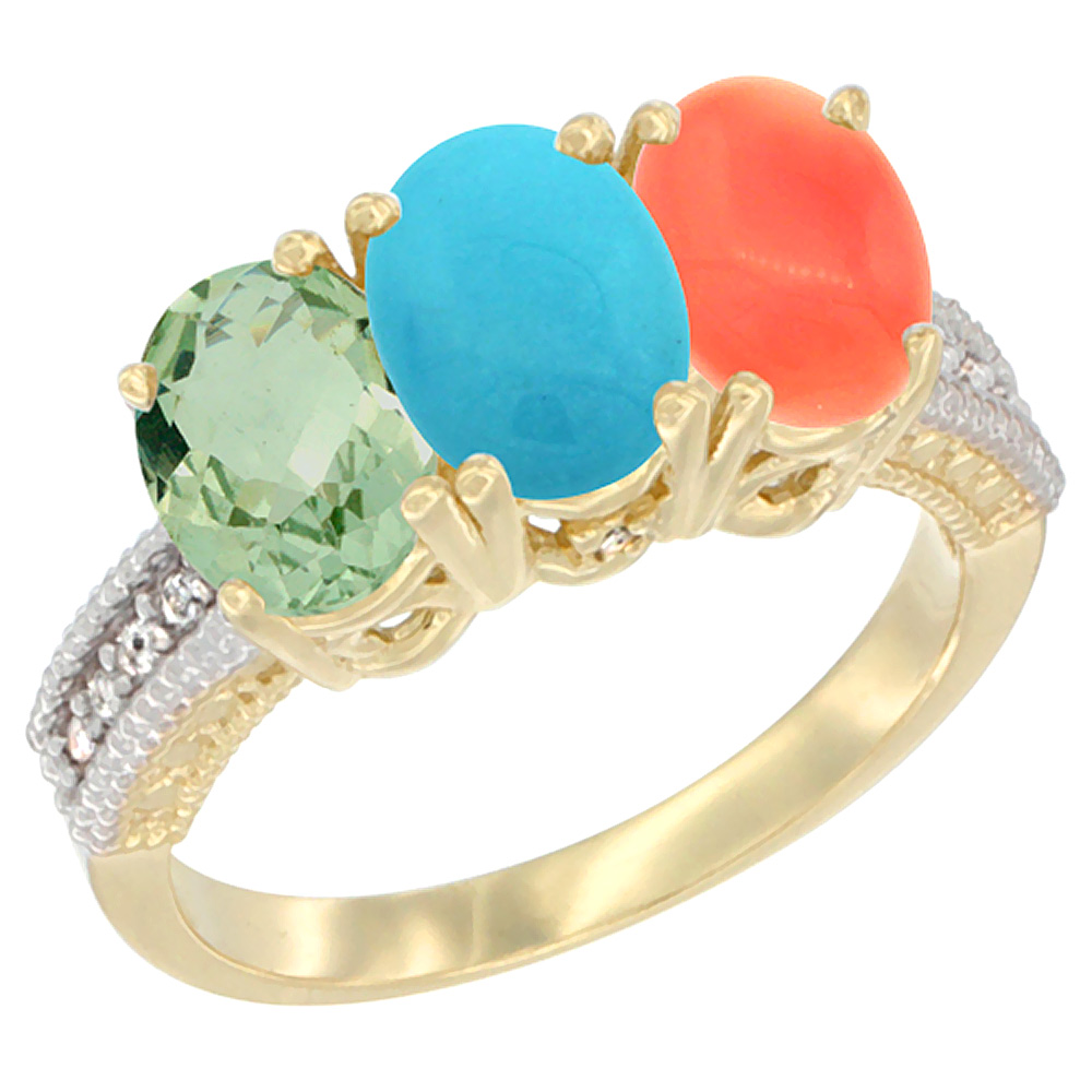 10K Yellow Gold Diamond Natural Green Amethyst, Turquoise &amp; Coral Ring 3-Stone Oval 7x5 mm, sizes 5 - 10