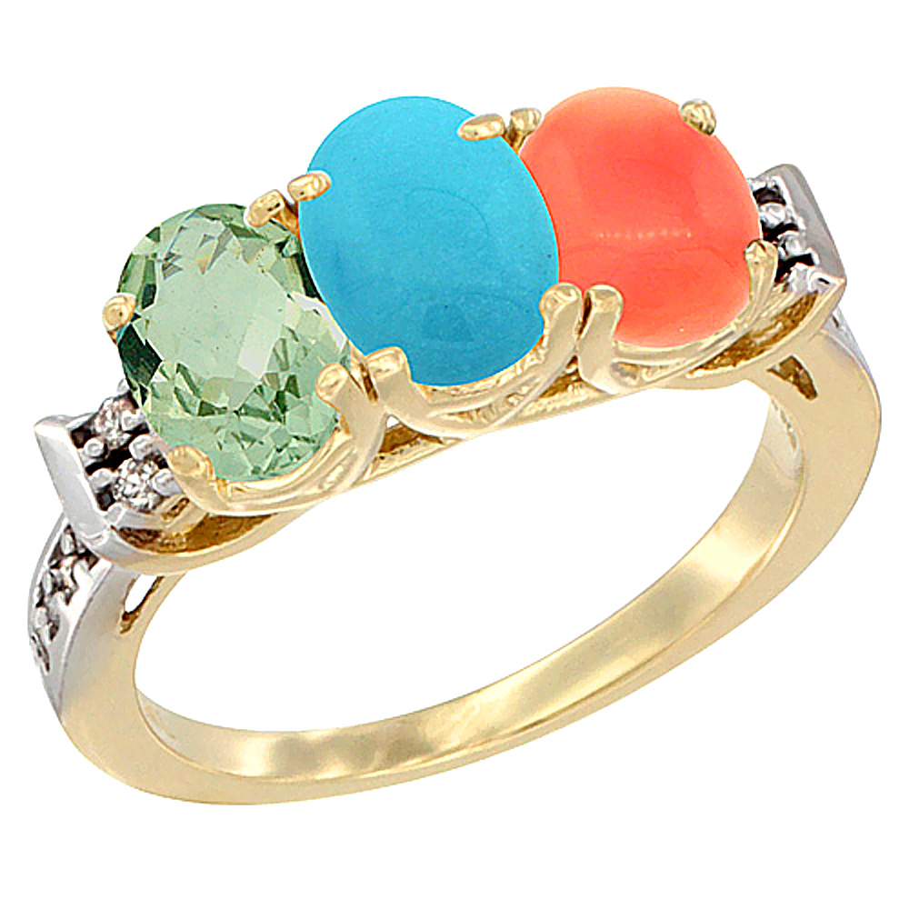 14K Yellow Gold Natural Green Amethyst, Turquoise &amp; Coral Ring 3-Stone 7x5 mm Oval Diamond Accent, sizes 5 - 10