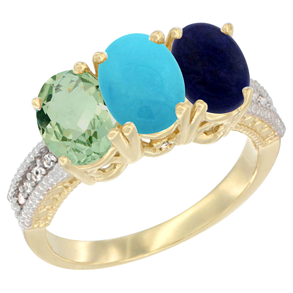 10K Yellow Gold Diamond Natural Green Amethyst, Turquoise &amp; Lapis Ring 3-Stone Oval 7x5 mm, sizes 5 - 10