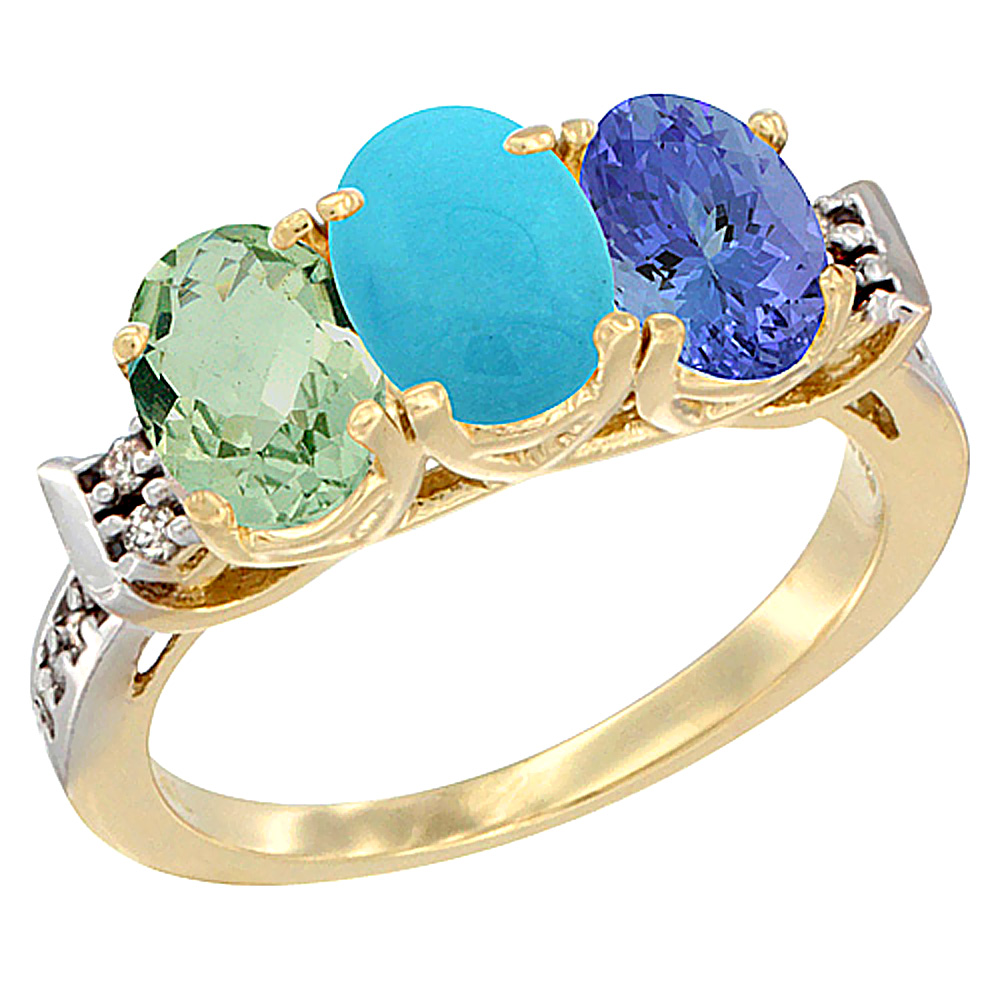 10K Yellow Gold Natural Green Amethyst, Turquoise & Tanzanite Ring 3-Stone Oval 7x5 mm Diamond Accent, sizes 5 - 10