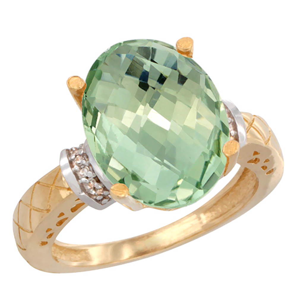 14K Yellow Gold Diamond Natural Green Amethyst Ring Oval 14x10mm, sizes 5-10