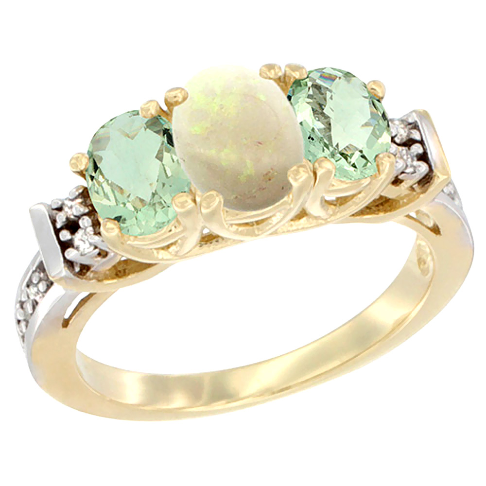 14K Yellow Gold Natural Opal & Green Amethyst Ring 3-Stone Oval Diamond Accent