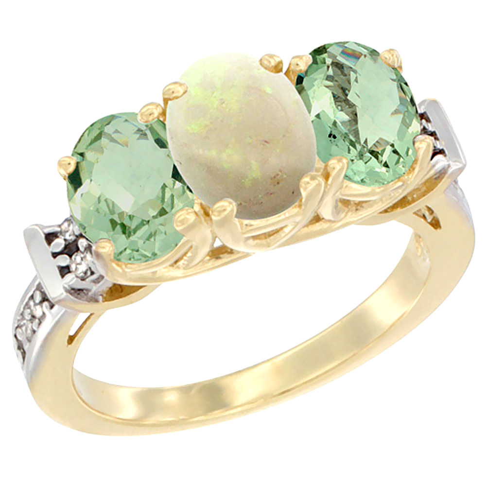 10K Yellow Gold Natural Opal & Green Amethyst Sides Ring 3-Stone Oval Diamond Accent, sizes 5 - 10