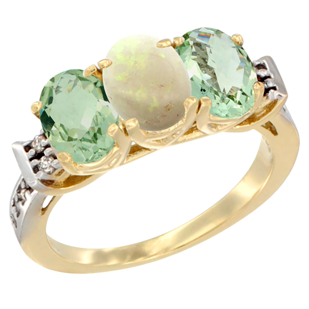 14K Yellow Gold Natural Opal &amp; Green Amethyst Sides Ring 3-Stone 7x5 mm Oval Diamond Accent, sizes 5 - 10