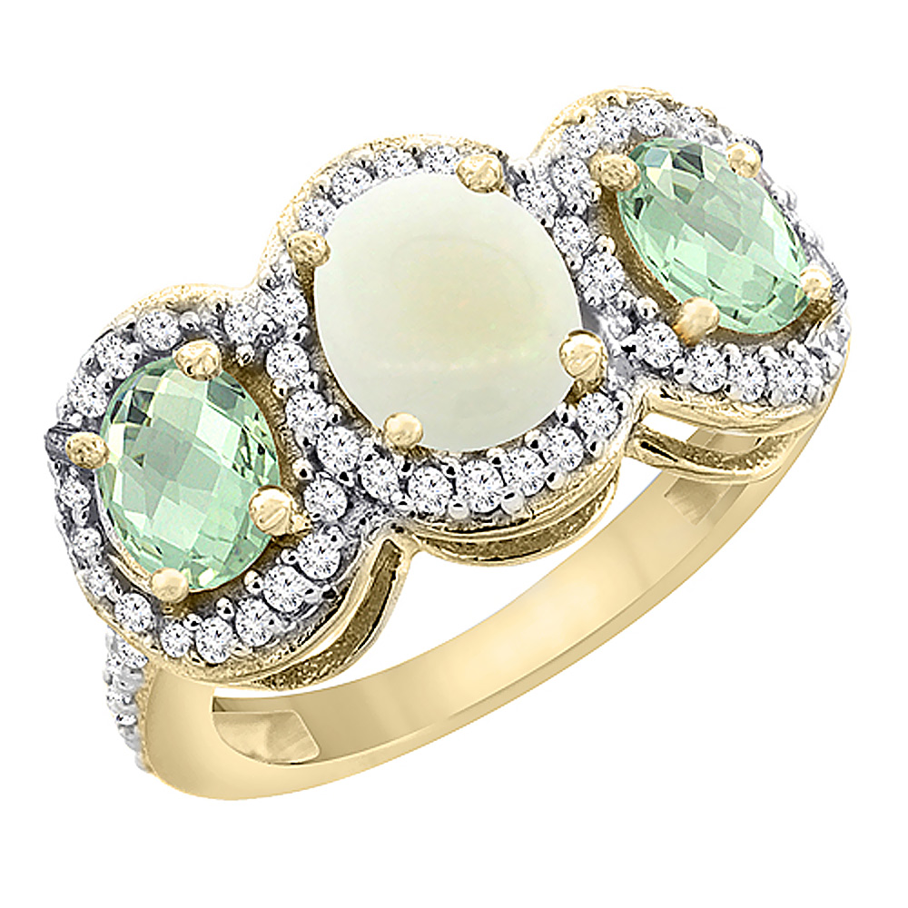 10K Yellow Gold Natural Opal & Green Amethyst 3-Stone Ring Oval Diamond Accent, sizes 5 - 10