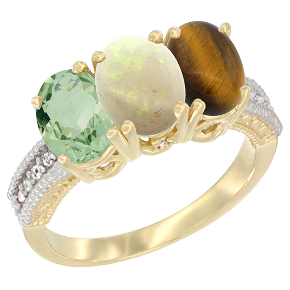 14K Yellow Gold Natural Green Amethyst, Opal & Tiger Eye Ring 3-Stone 7x5 mm Oval Diamond Accent, sizes 5 - 10