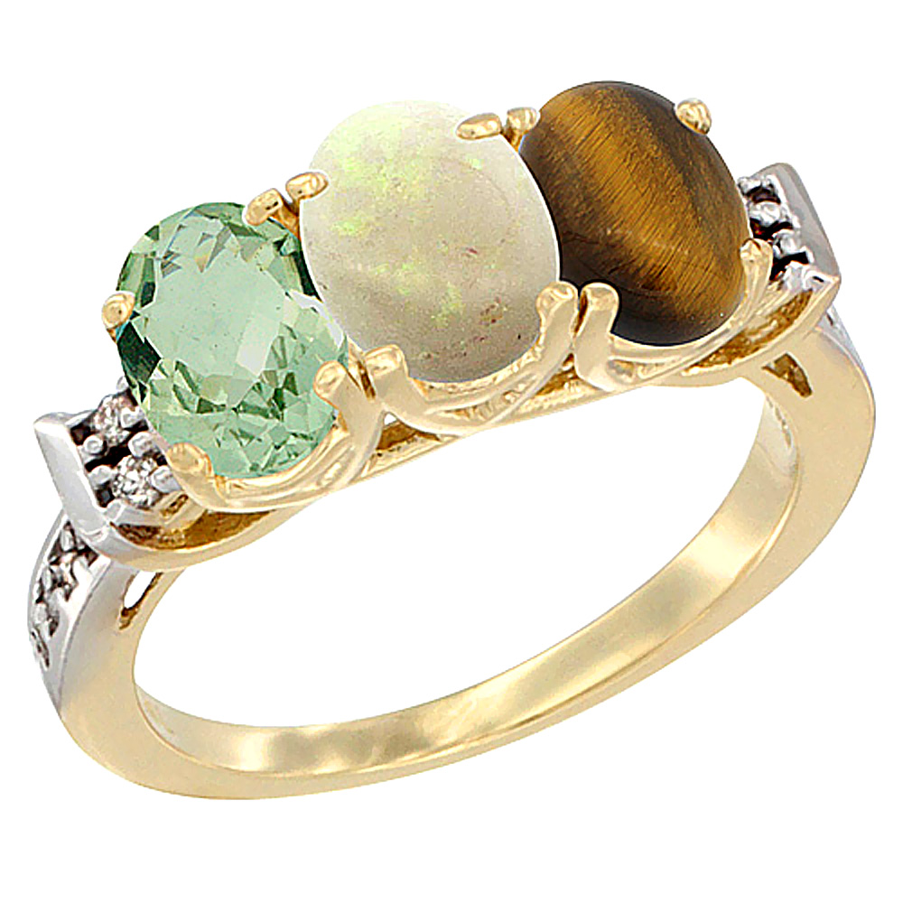 10K Yellow Gold Natural Green Amethyst, Opal &amp; Tiger Eye Ring 3-Stone Oval 7x5 mm Diamond Accent, sizes 5 - 10
