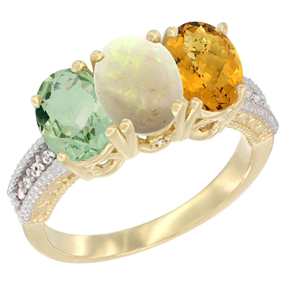 10K Yellow Gold Diamond Natural Green Amethyst, Opal & Whisky Quartz Ring 3-Stone Oval 7x5 mm, sizes 5 - 10