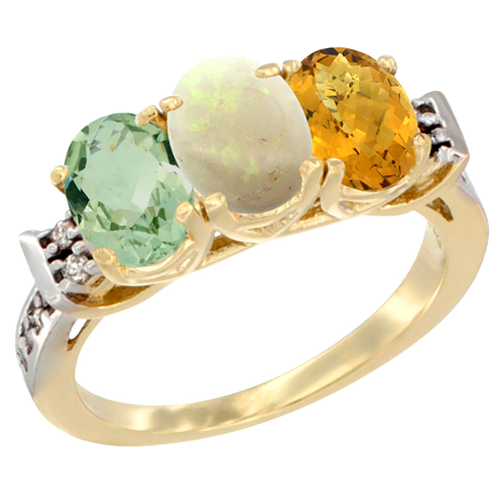 10K Yellow Gold Natural Green Amethyst, Opal & Whisky Quartz Ring 3-Stone Oval 7x5 mm Diamond Accent, sizes 5 - 10