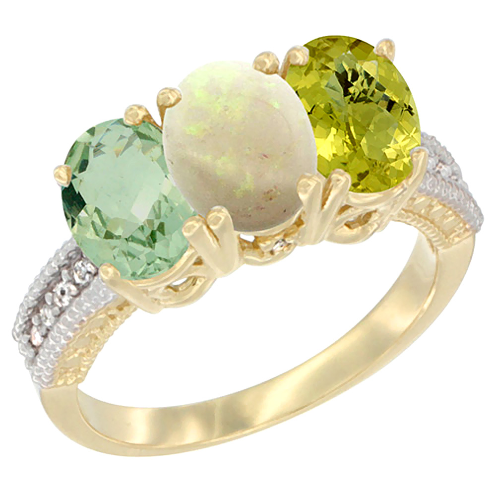 14K Yellow Gold Natural Green Amethyst, Opal &amp; Lemon Quartz Ring 3-Stone 7x5 mm Oval Diamond Accent, sizes 5 - 10