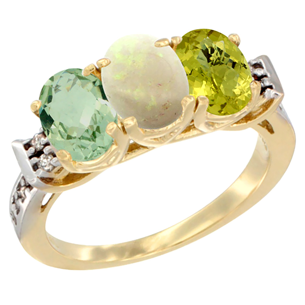 10K Yellow Gold Natural Green Amethyst, Opal & Lemon Quartz Ring 3-Stone Oval 7x5 mm Diamond Accent, sizes 5 - 10