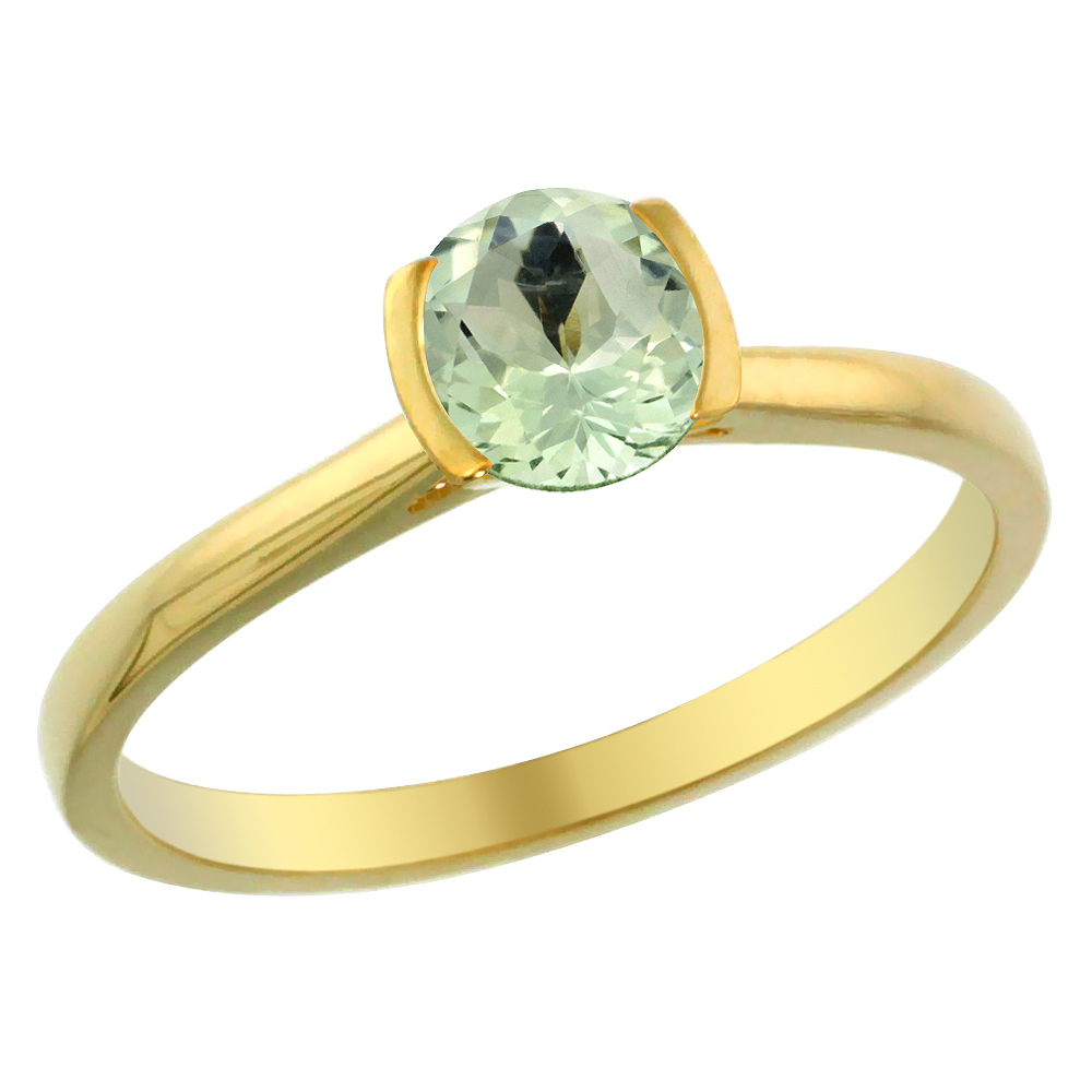 14K Yellow Gold Natural Green Amethyst Solitaire Ring Round 5mm, sizes 5 - 10