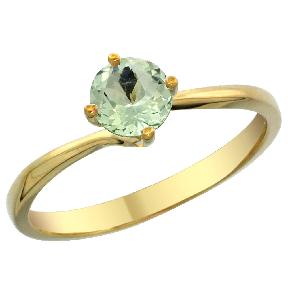 14K Yellow Gold Natural Green Amethyst Solitaire Ring Round 6mm, sizes 5 - 10