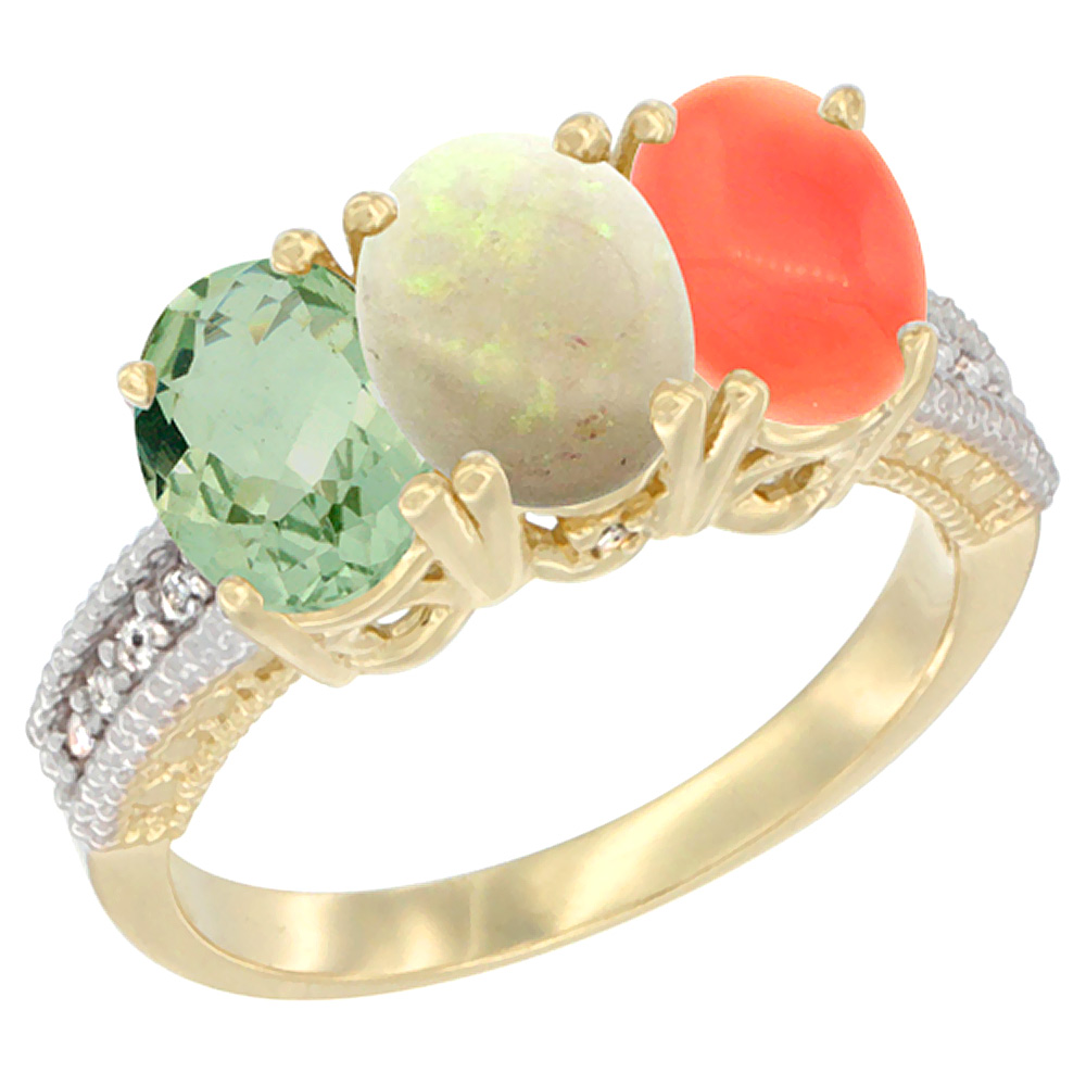 10K Yellow Gold Diamond Natural Green Amethyst, Opal &amp; Coral Ring 3-Stone Oval 7x5 mm, sizes 5 - 10