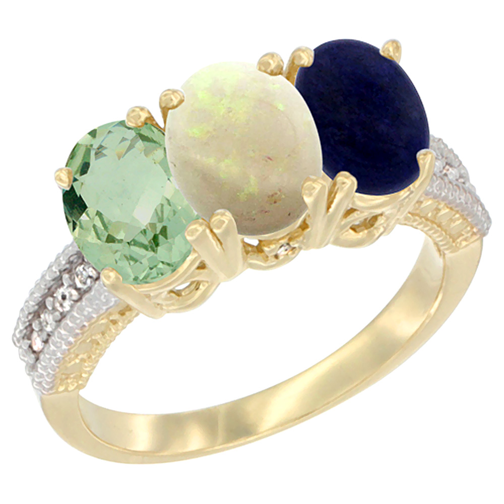14K Yellow Gold Natural Green Amethyst, Opal &amp; Lapis Ring 3-Stone 7x5 mm Oval Diamond Accent, sizes 5 - 10