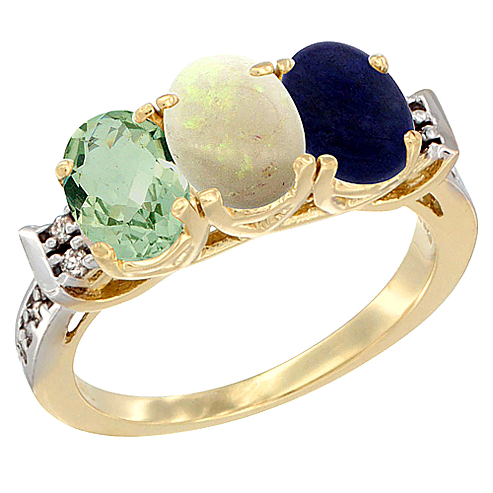 10K Yellow Gold Natural Green Amethyst, Opal & Lapis Ring 3-Stone Oval 7x5 mm Diamond Accent, sizes 5 - 10