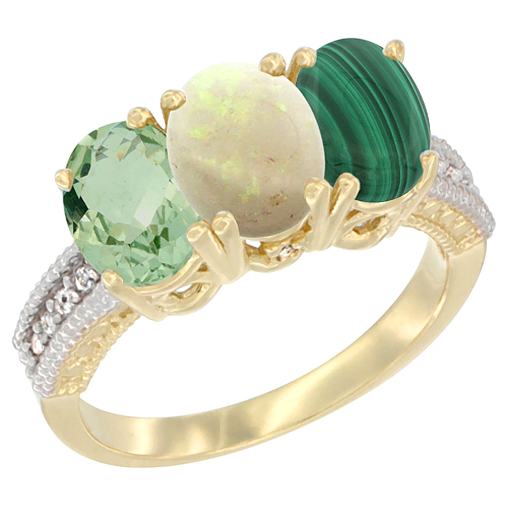 10K Yellow Gold Diamond Natural Green Amethyst, Opal &amp; Malachite Ring 3-Stone Oval 7x5 mm, sizes 5 - 10