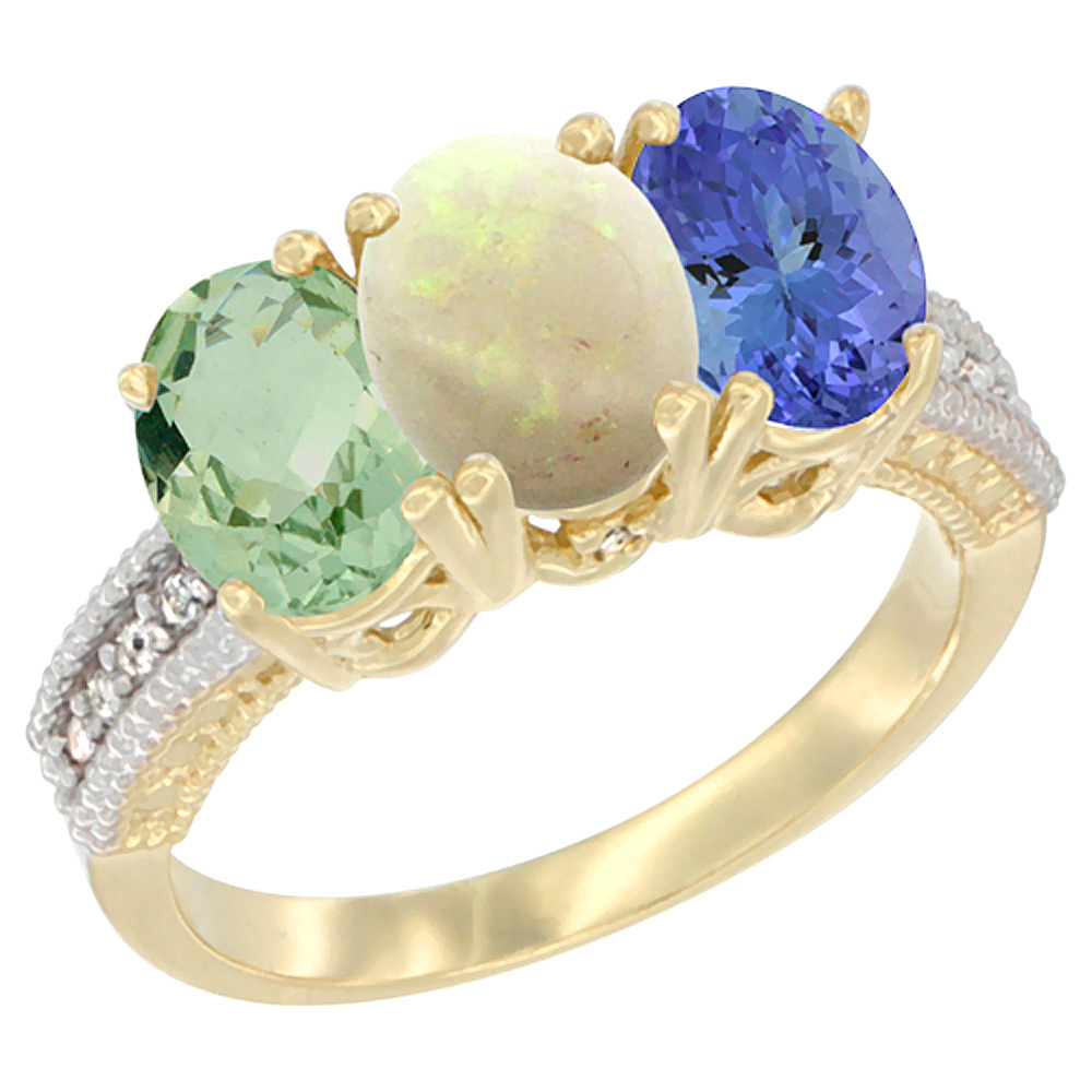 14K Yellow Gold Natural Green Amethyst, Opal &amp; Tanzanite Ring 3-Stone 7x5 mm Oval Diamond Accent, sizes 5 - 10