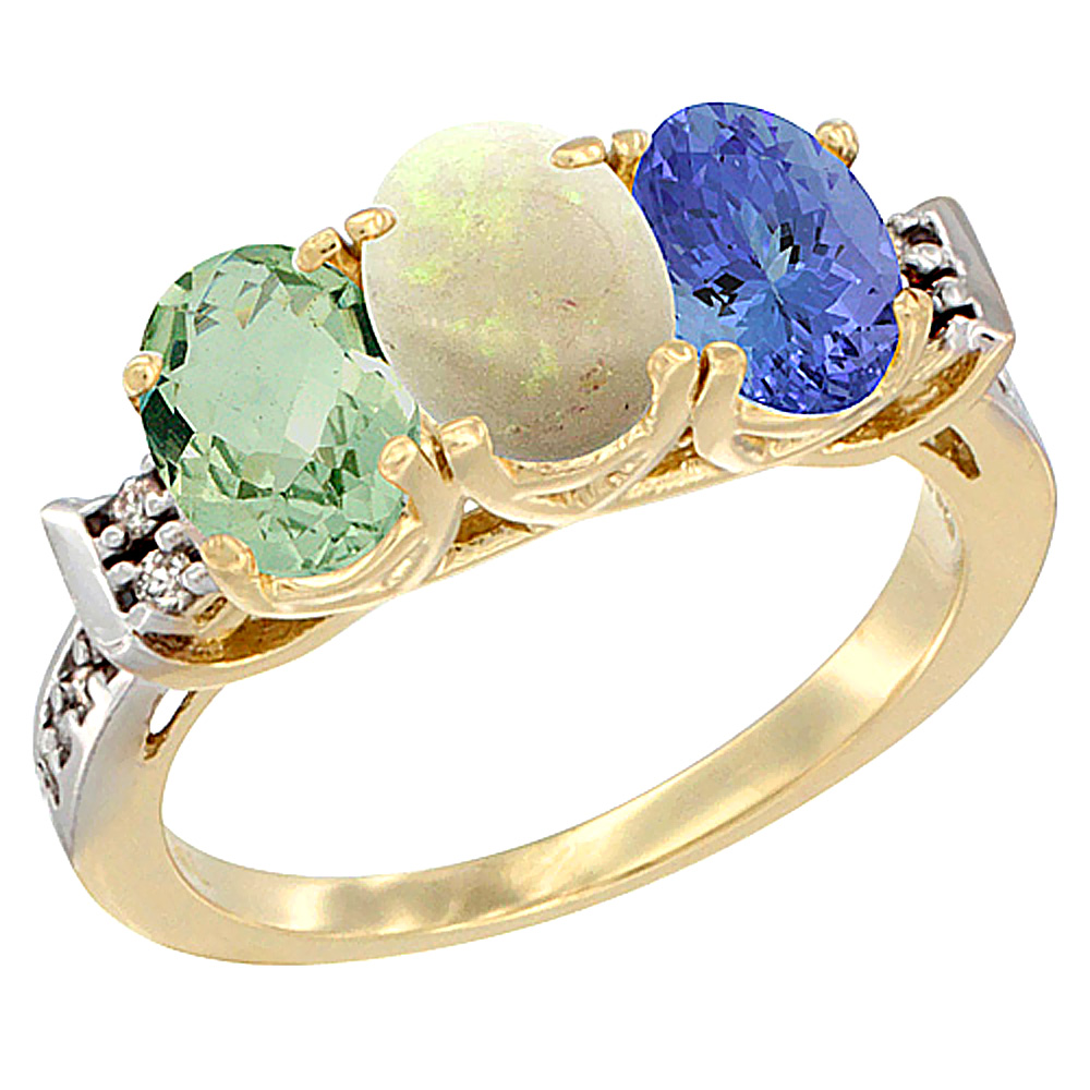 10K Yellow Gold Natural Green Amethyst, Opal &amp; Tanzanite Ring 3-Stone Oval 7x5 mm Diamond Accent, sizes 5 - 10