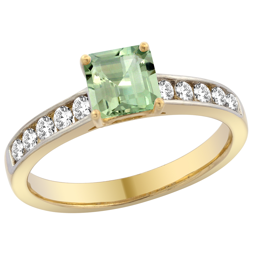 14K Yellow Gold Natural Green Amethyst Engagement Ring Princess cut 5mm, sizes 5 - 10
