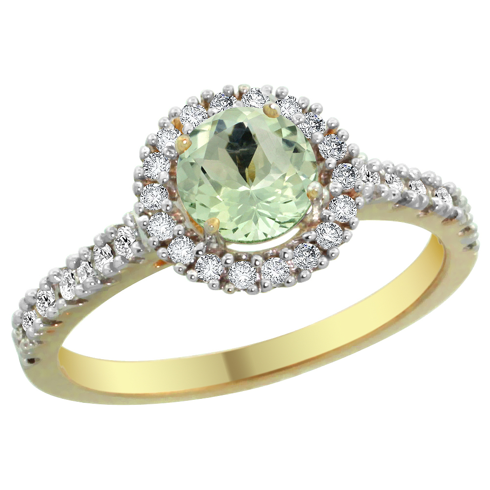 14K Yellow Gold Diamond Halo Natural Green Amethyst Ring Round 6mm, sizes 5 - 10