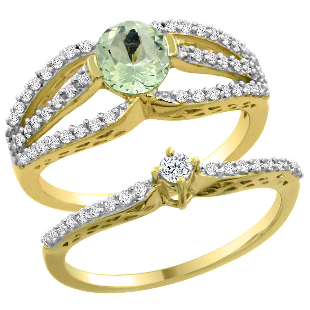 14K Yellow Gold Natural Green Amethyst 2-piece Engagement Ring Set Round 5mm, sizes 5 - 10