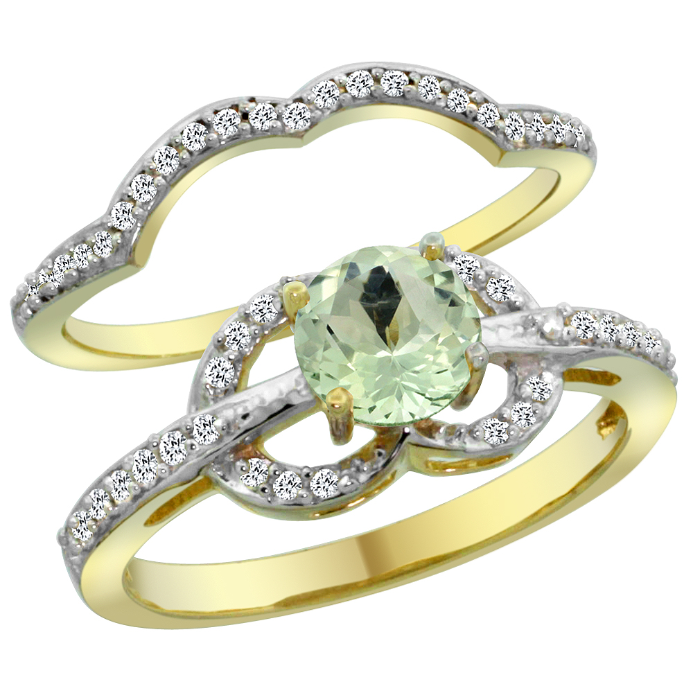14K Yellow Gold Natural Green Amethyst 2-piece Engagement Ring Set Round 6mm, sizes 5 - 10