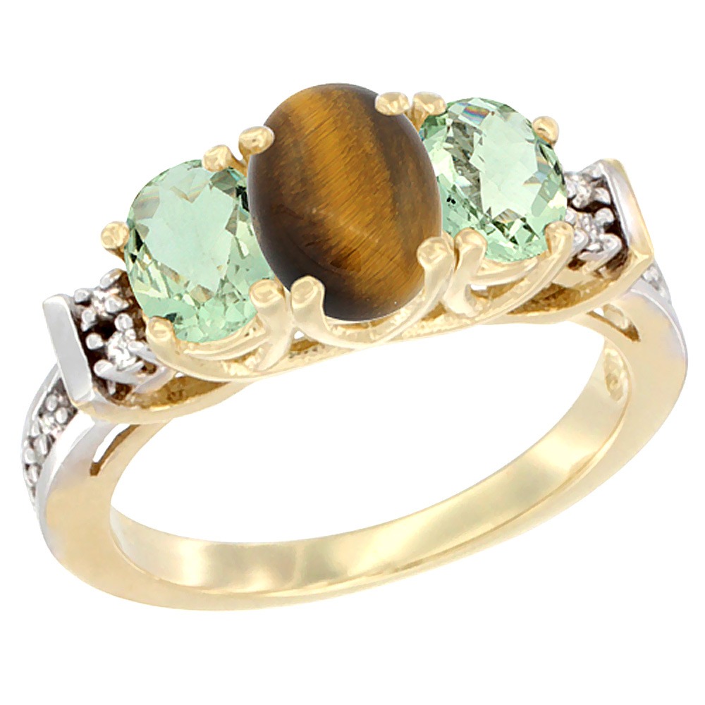 14K Yellow Gold Natural Tiger Eye &amp; Green Amethyst Ring 3-Stone Oval Diamond Accent