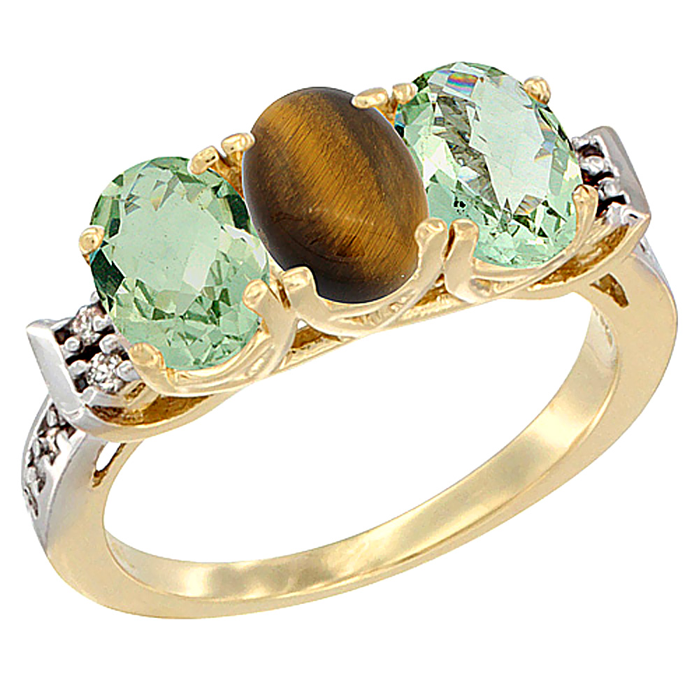 10K Yellow Gold Natural Tiger Eye & Green Amethyst Sides Ring 3-Stone Oval 7x5 mm Diamond Accent, sizes 5 - 10