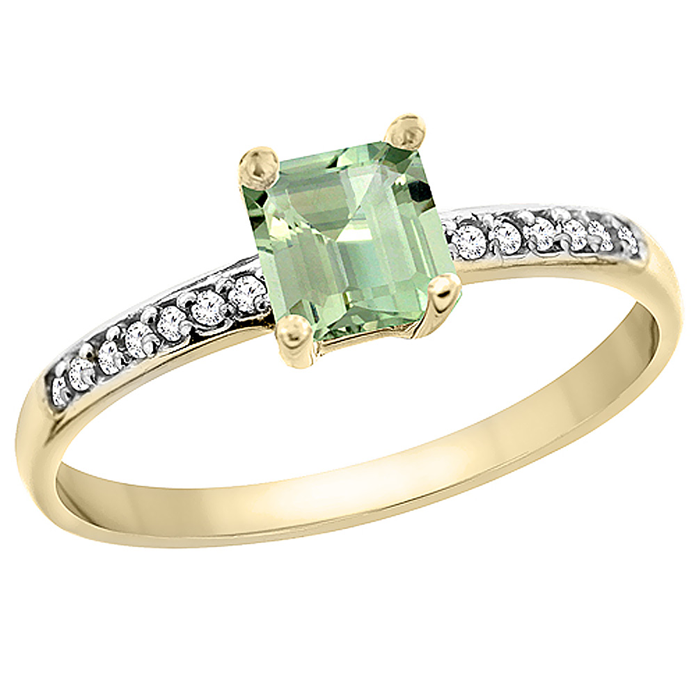 10K Yellow Gold Genuine Green Amethyst Ring Octagon 7x5 mm Diamond Accents