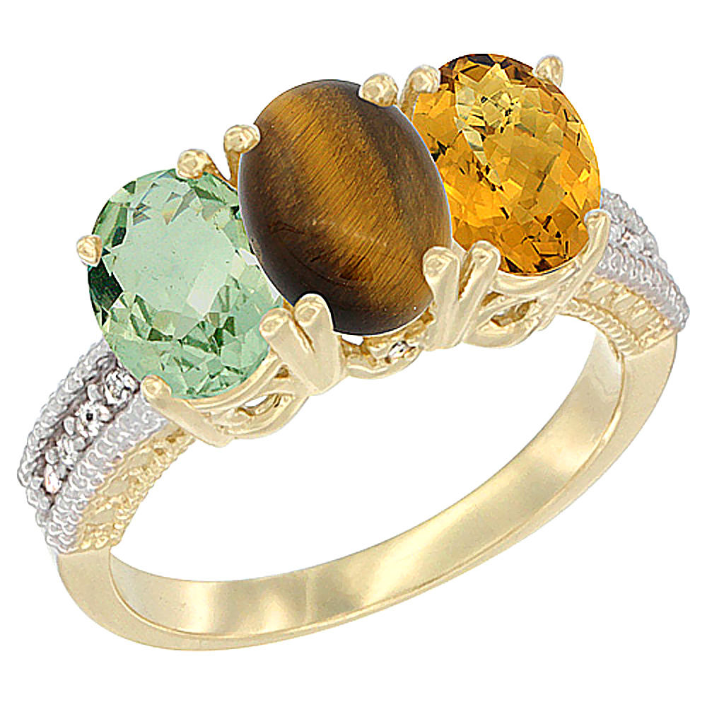 14K Yellow Gold Natural Green Amethyst, Tiger Eye & Whisky Quartz Ring 3-Stone 7x5 mm Oval Diamond Accent, sizes 5 - 10