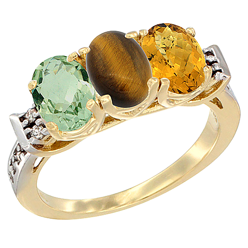 14K Yellow Gold Natural Green Amethyst, Tiger Eye & Whisky Quartz Ring 3-Stone 7x5 mm Oval Diamond Accent, sizes 5 - 10