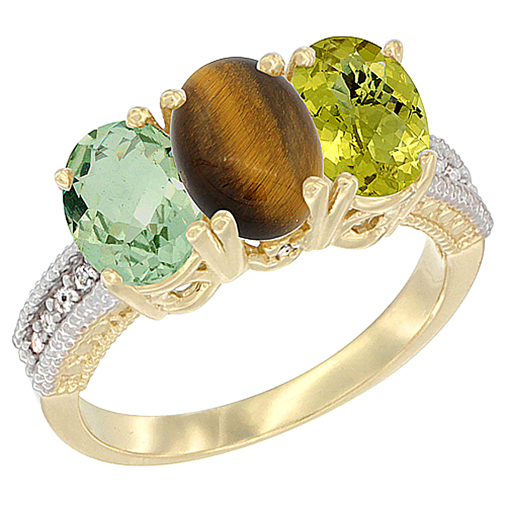 14K Yellow Gold Natural Green Amethyst, Tiger Eye &amp; Lemon Quartz Ring 3-Stone 7x5 mm Oval Diamond Accent, sizes 5 - 10