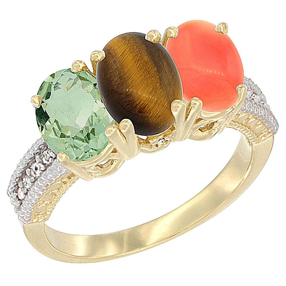 14K Yellow Gold Natural Green Amethyst, Tiger Eye & Coral Ring 3-Stone 7x5 mm Oval Diamond Accent, sizes 5 - 10