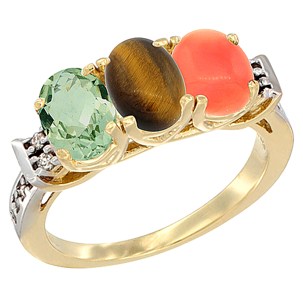 14K Yellow Gold Natural Green Amethyst, Tiger Eye & Coral Ring 3-Stone 7x5 mm Oval Diamond Accent, sizes 5 - 10