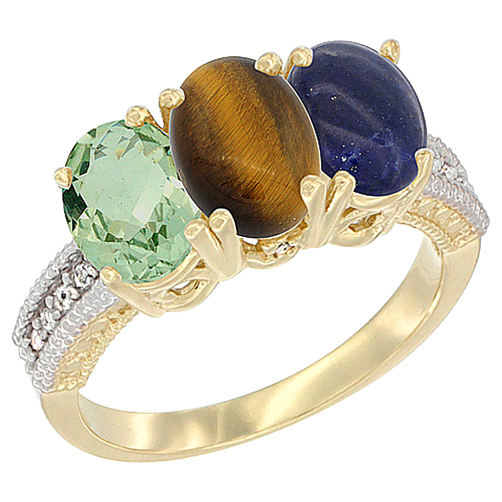 14K Yellow Gold Natural Green Amethyst, Tiger Eye &amp; Lapis Ring 3-Stone 7x5 mm Oval Diamond Accent, sizes 5 - 10