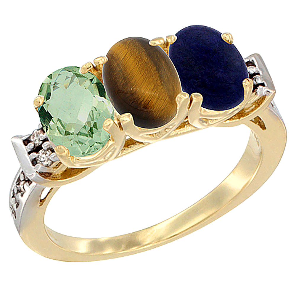 14K Yellow Gold Natural Green Amethyst, Tiger Eye &amp; Lapis Ring 3-Stone 7x5 mm Oval Diamond Accent, sizes 5 - 10