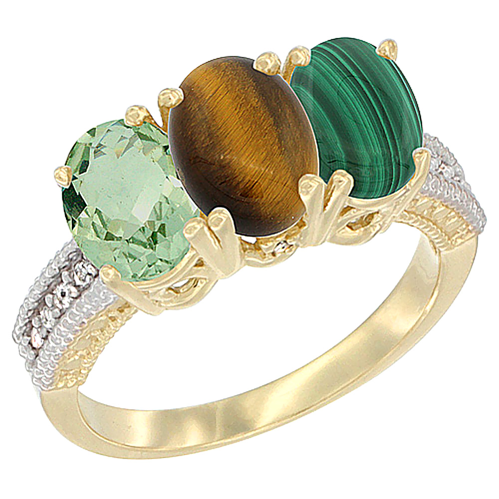 10K Yellow Gold Diamond Natural Green Amethyst, Tiger Eye & Malachite Ring 3-Stone Oval 7x5 mm, sizes 5 - 10