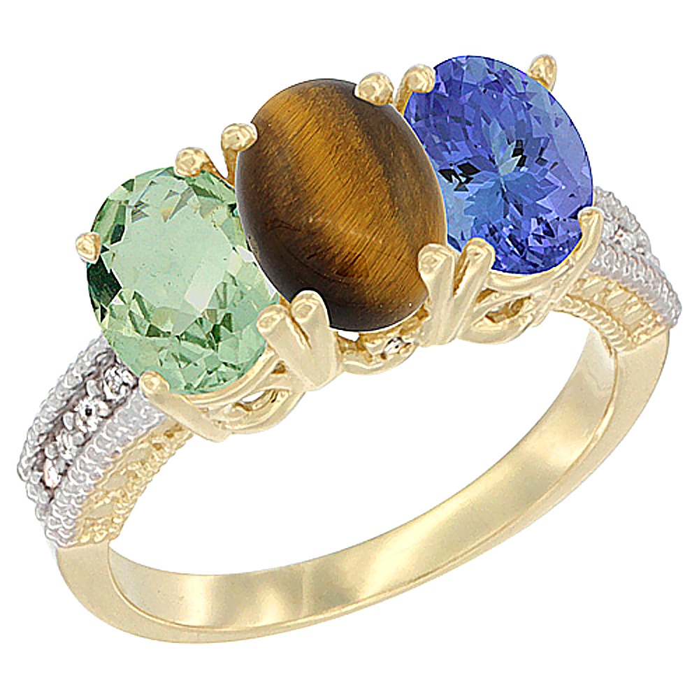 14K Yellow Gold Natural Green Amethyst, Tiger Eye &amp; Tanzanite Ring 3-Stone 7x5 mm Oval Diamond Accent, sizes 5 - 10