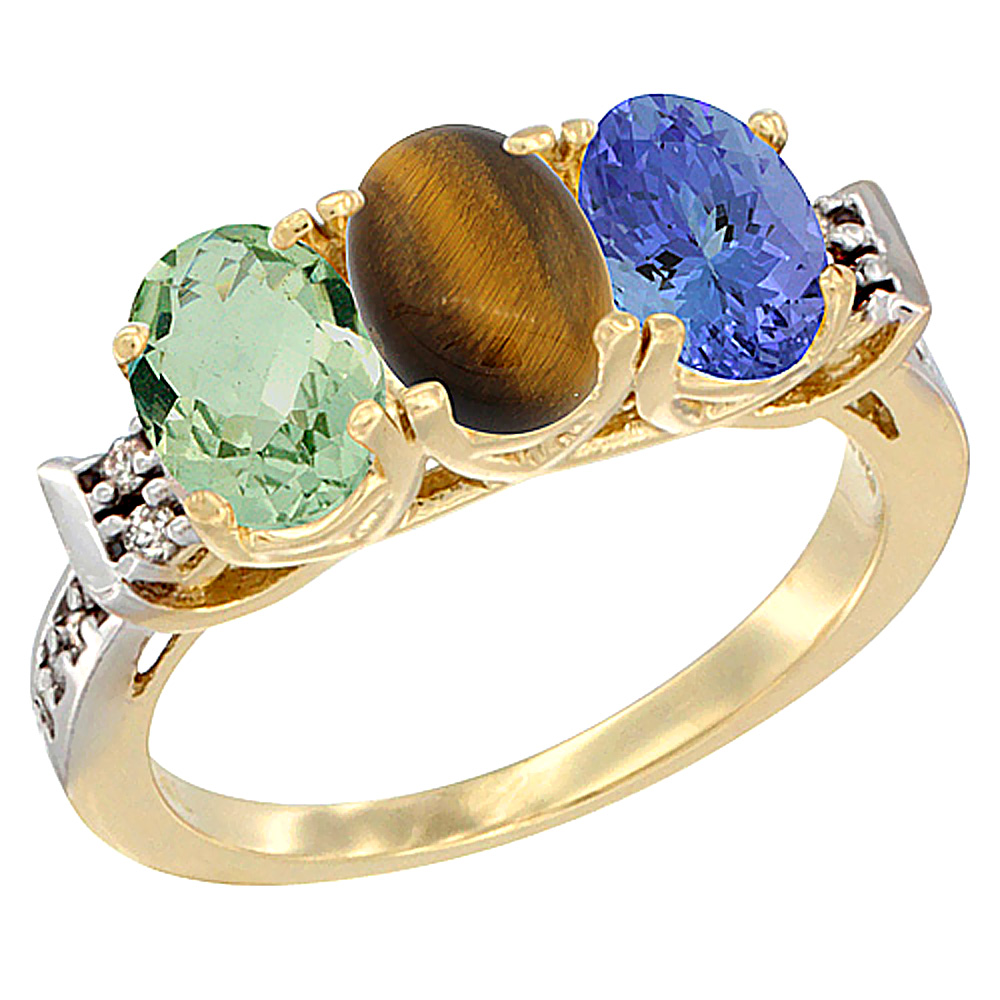 14K Yellow Gold Natural Green Amethyst, Tiger Eye &amp; Tanzanite Ring 3-Stone 7x5 mm Oval Diamond Accent, sizes 5 - 10