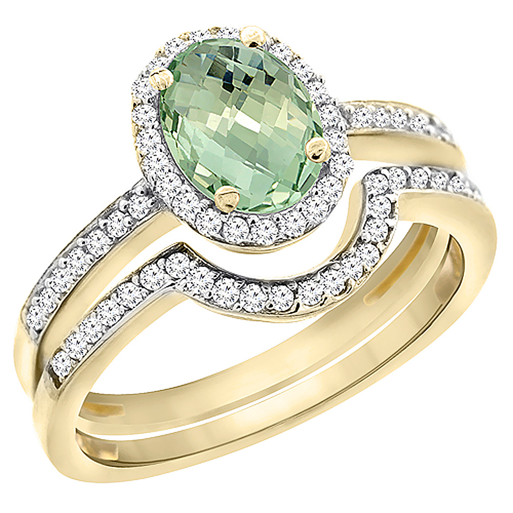 10K Yellow Gold Diamond Natural Green Amethyst 2-Pc. Engagement Ring Set Oval 8x6 mm, sizes 5 - 10